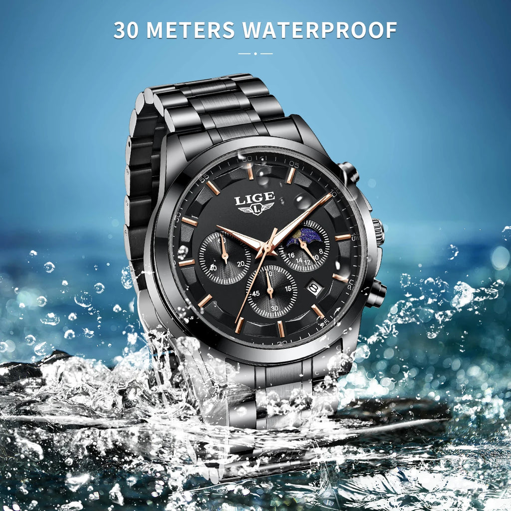 LIGE Luxury Men’s Quartz Watch – Moon Phase, Auto Date, Waterproof