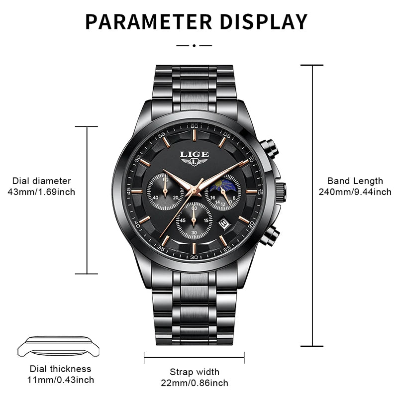 LIGE Luxury Men’s Quartz Watch – Moon Phase, Auto Date, Waterproof