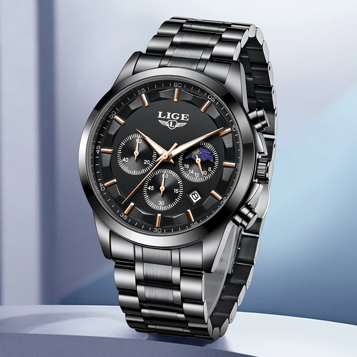 LIGE Luxury Men’s Quartz Watch – Moon Phase, Auto Date, Waterproof