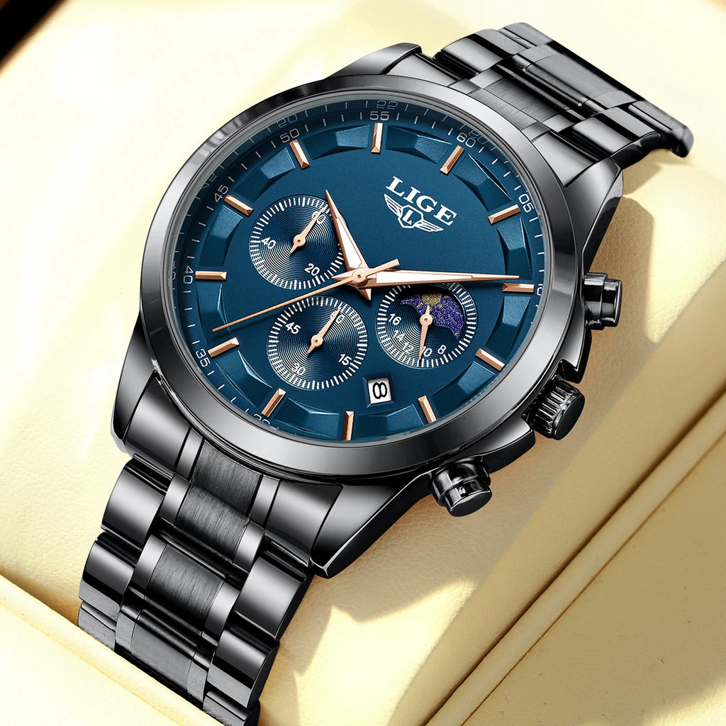 LIGE Luxury Men’s Quartz Watch – Moon Phase, Auto Date, Waterproof